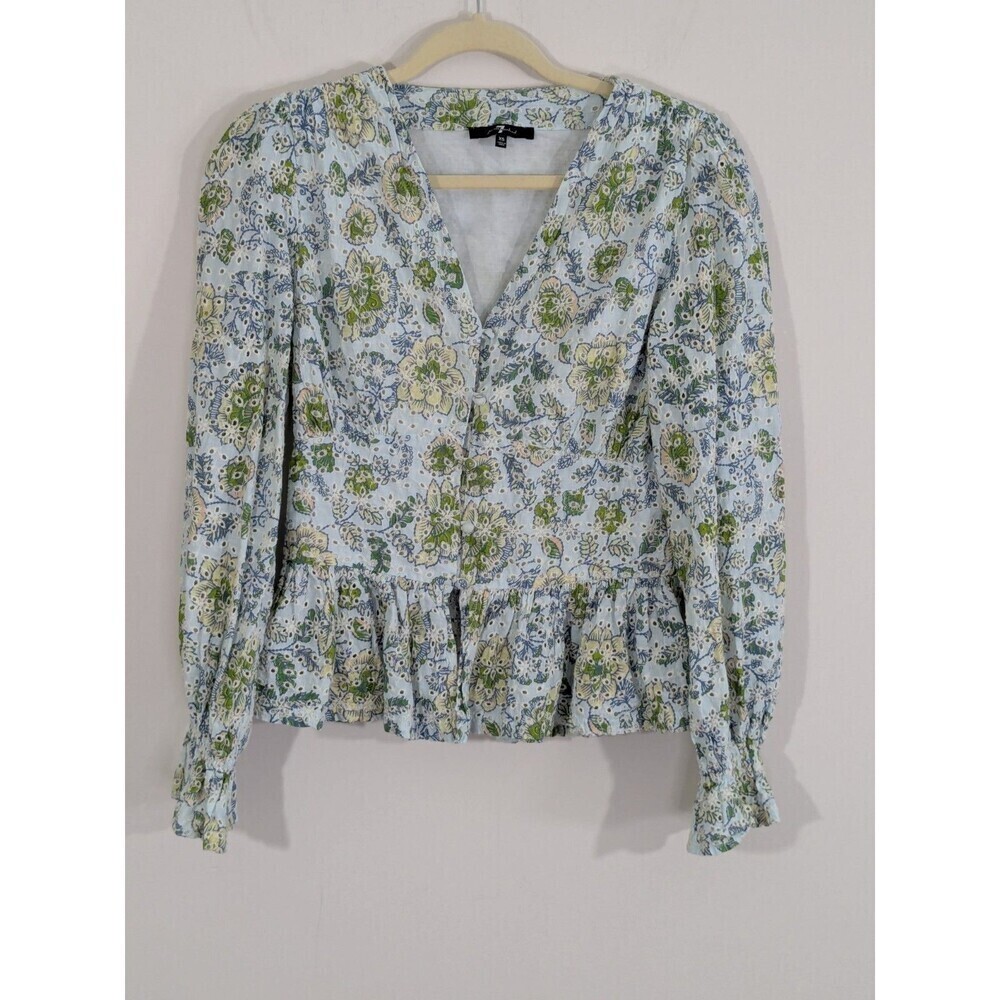 7 For All Mankind Eyelet Peplum Button Front Blouse Floral Romantic Peasant XS - Picture 3 of 9